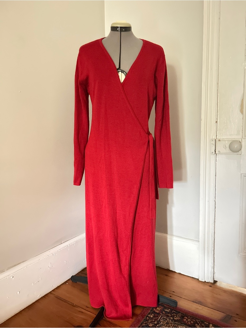 Long Sleeve Red Wrap Maxi Dress with Side Tie